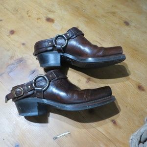 Frye brown leather harness belted clogs mules boots 8.5